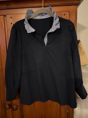 Navy Long-Sleeve Blouse with Stripe-Trimmed Collar